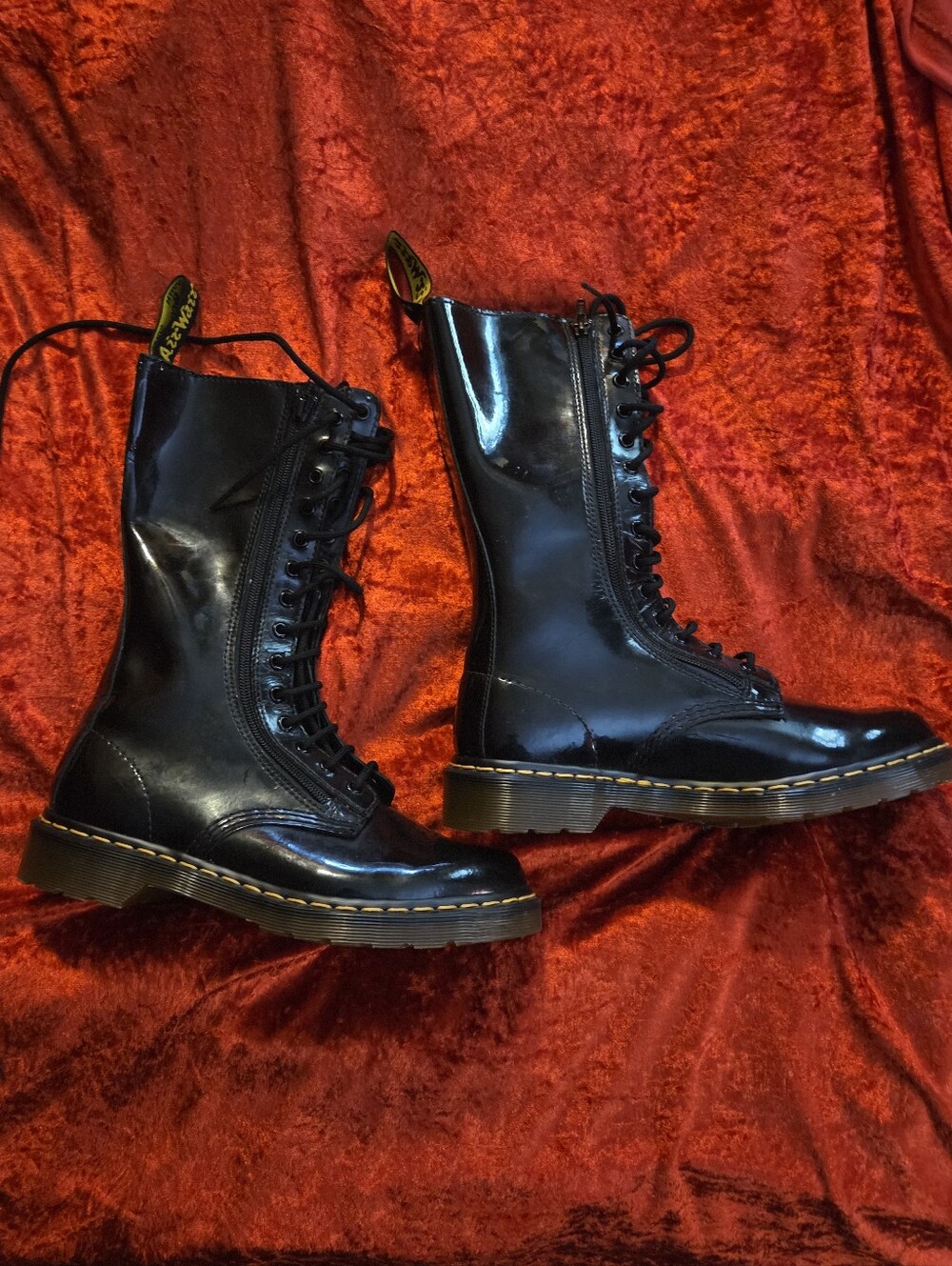 Retro Dr. Martens Black Patent Leather 14-Eye Lace-Up Boots